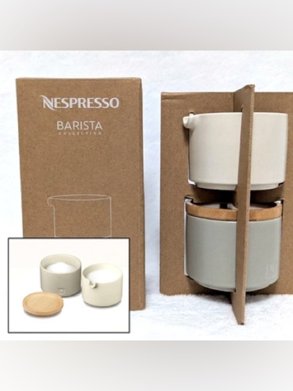 Nespresso Stackable Serving Set Barista Collection Wood Milk Jug &Sugar Bowl NEW